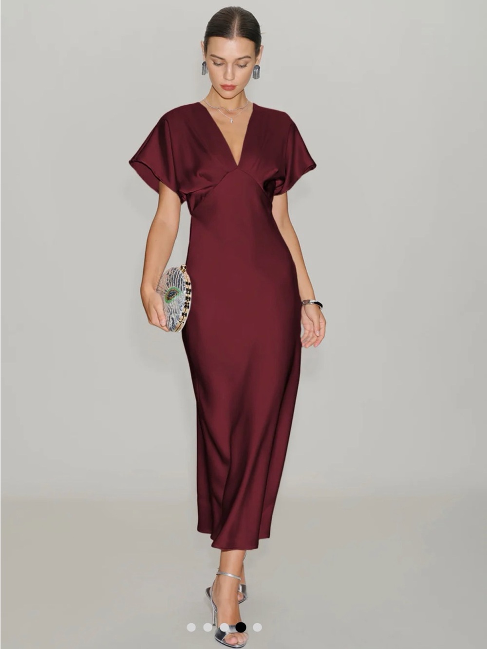 RIHOAS Wine Satin Cowl Sleeve Midi Dress